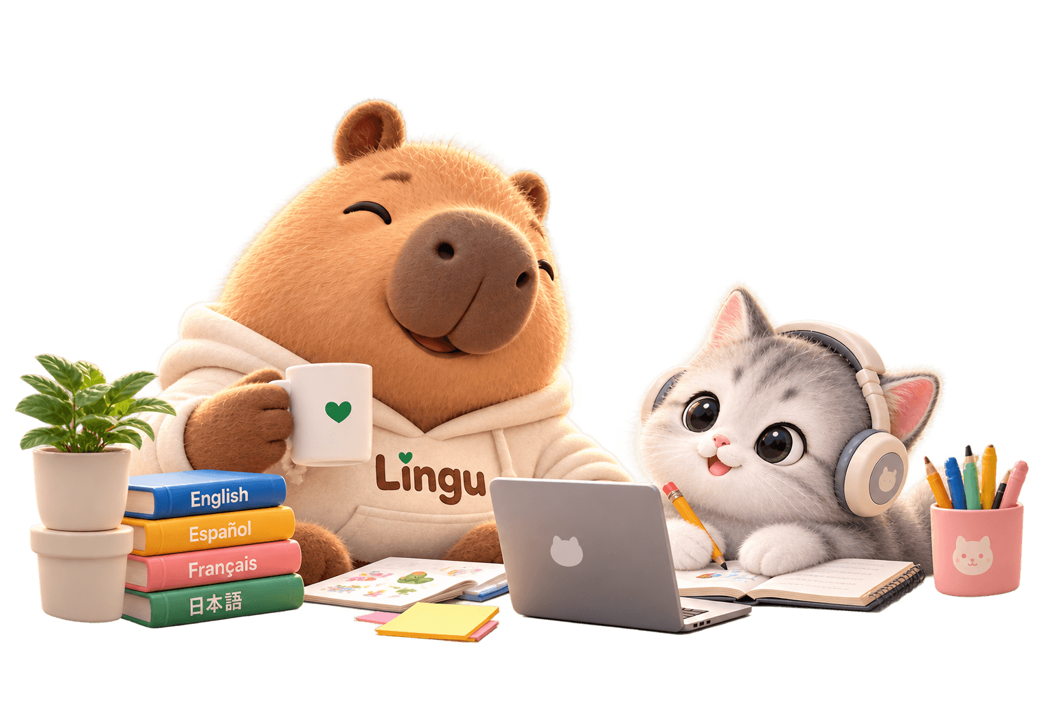 Lingu 卡皮巴拉和戴耳机学习的银渐层小猫
